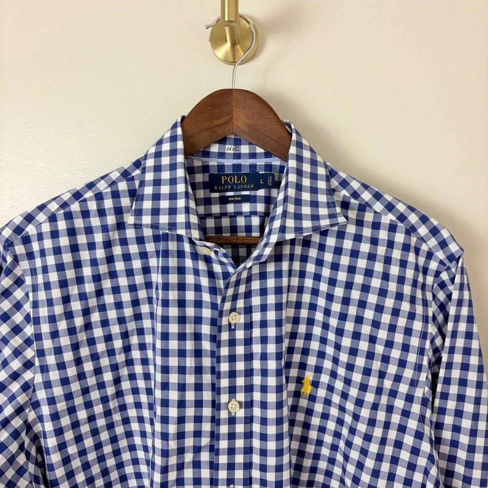 Polo Ralph Lauren Men's‎ L Non Iron Blue Gingham Plaid Check Button Down Shirt